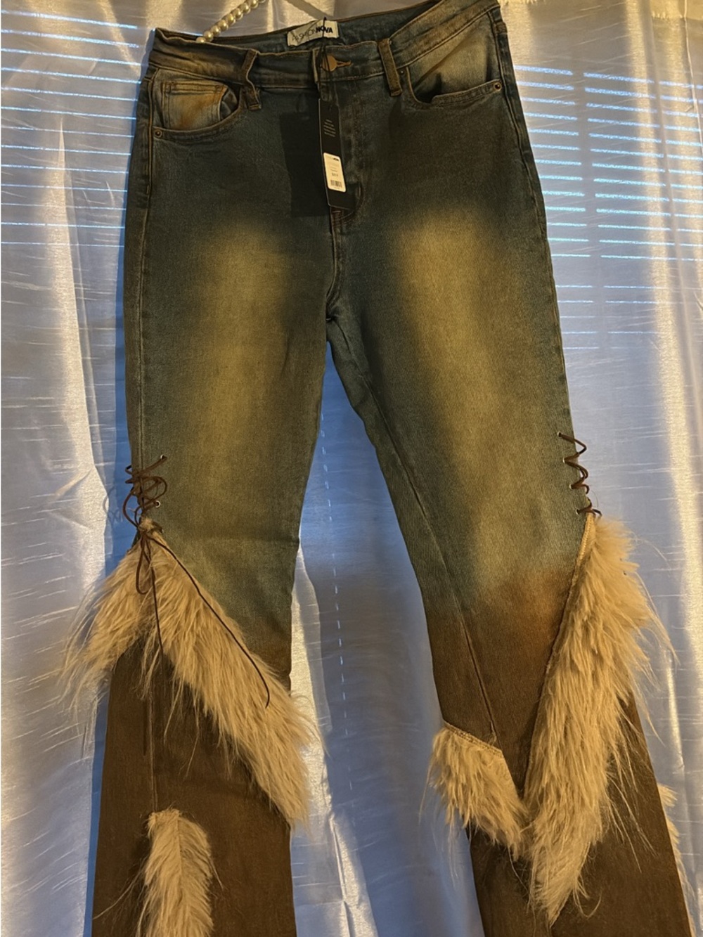 Fashion Nova Olive Green Two-Tone Flare Jeans with Faux Fur Trim